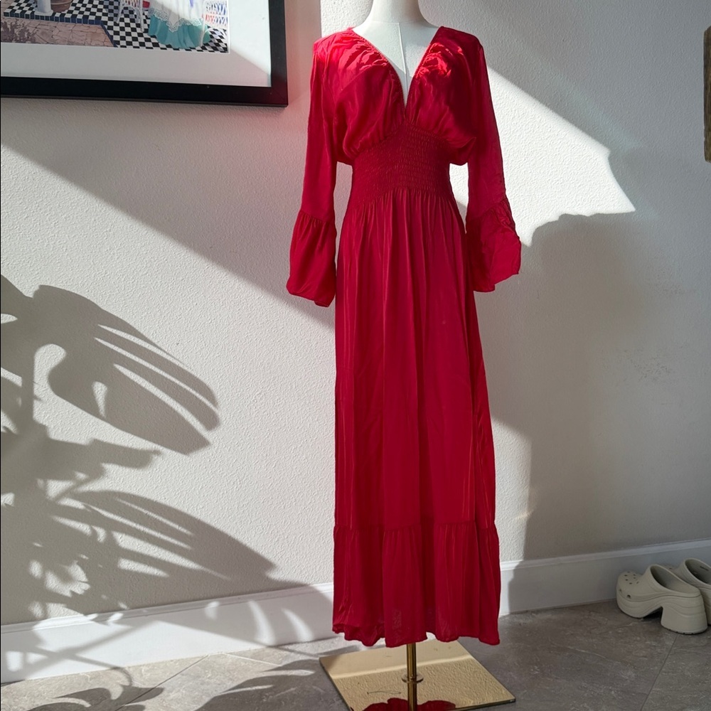 STUNNING MADE IN ITALY Silky Red Boho Tiered Flowy Sleeve Maxi Dress M-XL